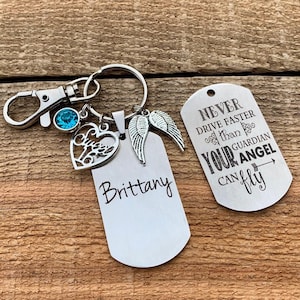 Sweet 16 key chain, birthday, personalized key chain, daughter gift, BIRTHSTONE, Never drive faster than your guardian angel can fly dog tag