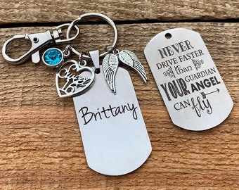 Sweet 16 key chain, birthday, personalized key chain, daughter gift, BIRTHSTONE, Never drive faster than your guardian angel can fly dog tag