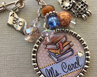 READING specialist, love to read, LIBRARIAN, coffee lover, name tag, book lover, owl charm, teacher gift, elementary teacher, coffee shop