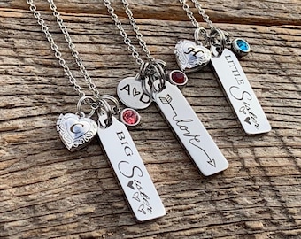 Regalo para hermana, hermana pequeña, medallón de corazón, collar con medallón, collar personalizado, hermana mayor, anuncio de embarazo, regalo para niñas