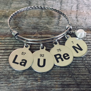 CHEMISTRY gift, Chemistry jewelry, CLASS of 2023, GRADUATION gift, bangle bracelet, Chemist, Science, periodic table, element symbol, atomic