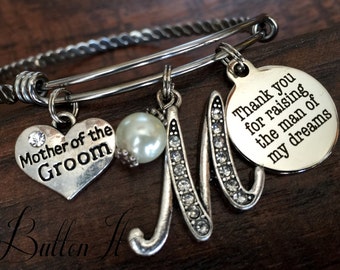 Mother of the GROOM gift, Thank you for raising the man of my dreams, MOTHER of the groom jewelry, expandable bangle bracelet, pendant