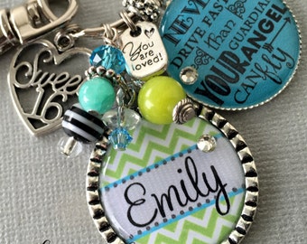 Sweet 16 key chain, Never drive faster than your guardian angel can fly, birthday quote, CHEVRON sweet 16 gift, daughter gift, niece gift