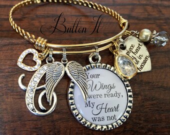 SYMPATHY gift, GOLD bangle, In memory of, Remembrance jewelry, remembrance gifts, angel wings, a piece of my heart is in heaven, Memorial