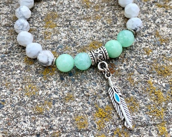 Beaded bracelet, Gift for HER, feather, semiprecious beads, sunflower, layering bracelet, stacking, stretch bracelet, mint jade beads