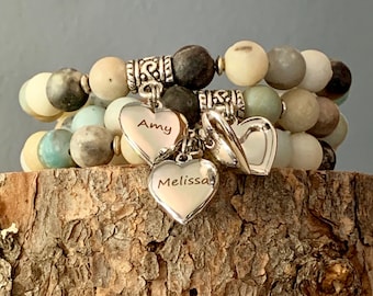 Locket bracelet SET, mommy and me, Beaded bracelet, heart locket, daughter gift, matching bracelets, amazonite, mother daughter jewelry