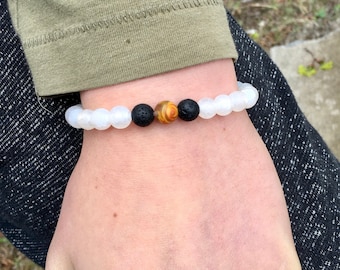 Beaded bracelet, semiprecious stone bracelet, layering bracelet, layer, gift for him, stretch bracelet, tigers eye, black lava, boyfriend