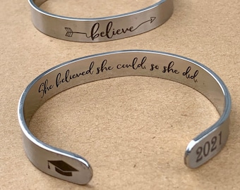 GRADUATION gift, CLASS of 2024, SENIOR 2024, Graduate bracelet, She believed she could so she did, graduation cap, believe personalized cuff