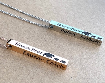 Personalized necklace, Mama Bear, Mama bear necklace, Mom birthday, Gifts for Mom, children's names, bear cubs, rose gold, cube necklace