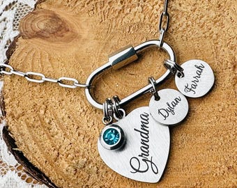 Personalized Carabiner Clasp Charm Bracelet, Birthstone, Engraved Heart
