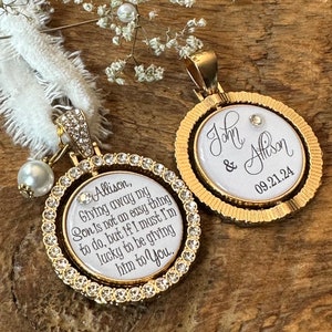 May include: Two gold-toned spinning wedding charms with rhinestones. One charm has the text "Allison, Giving away my Son is not an easy thing to do, but if I must I'm lucky to be giving him to You." The other charm has the text "John & Allison 09.21.24".