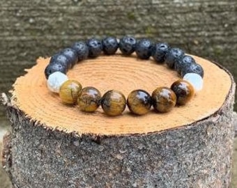 Gift for HIM, Bead bracelet, semiprecious stone bracelet, layering bracelet, stackable bracelet, stretch bracelet, tiger's eye, black lava