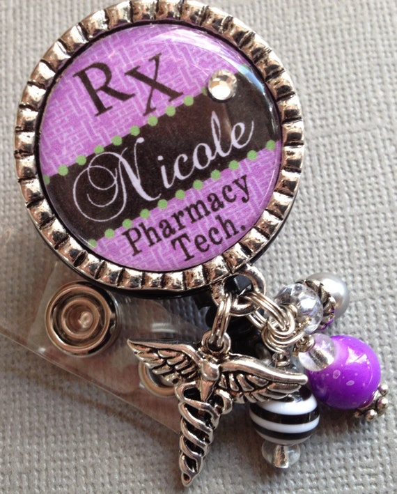 Pharmacy Tech. ID Badge Reel Personalized Pharmacist,rx, Cpht, Caduceus  Charm, Medical Symbol, 