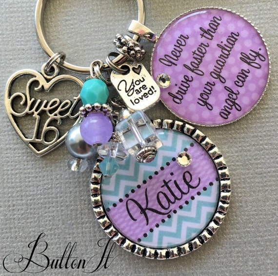 SWEET 16 key chain, PERSONALIZED Keychain, Gift for her, 16th birthday gift, never drive faster, friend birthday gift, you are loved, heart