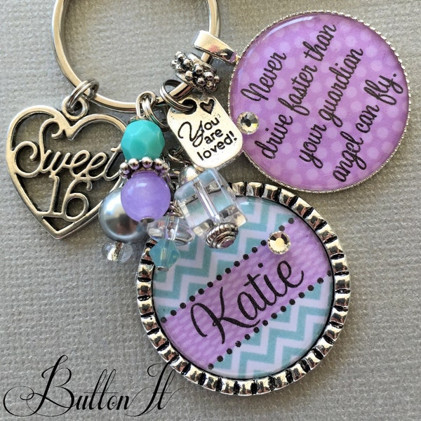 SWEET 16, PERSONALIZED Keychain CHEVRON, milestone birthday gift, never drive faster than guardian angel can fly, friend birthday gift