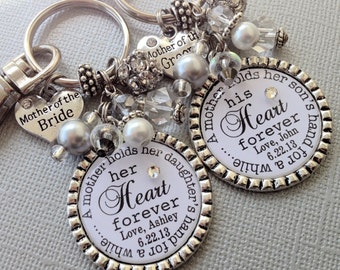 Mother of the BRIDE gift / MOTHER of the GROOM Set- Personalized wedding jewelry - mother holds child's hand, heart forever, thank you gift