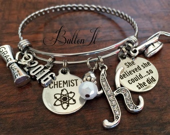 CHEMISTRY gift, Chemistry jewelry, CLASS of 2022, GRADUATION gift, bangle bracelet, Chemist, Science, She Believed she could she did, Atom