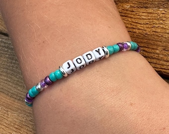 Suicide awareness bracelet, suicide prevention awareness bracelet, name bracelet, purple turquoise, mental health jewelry, beaded bracelet