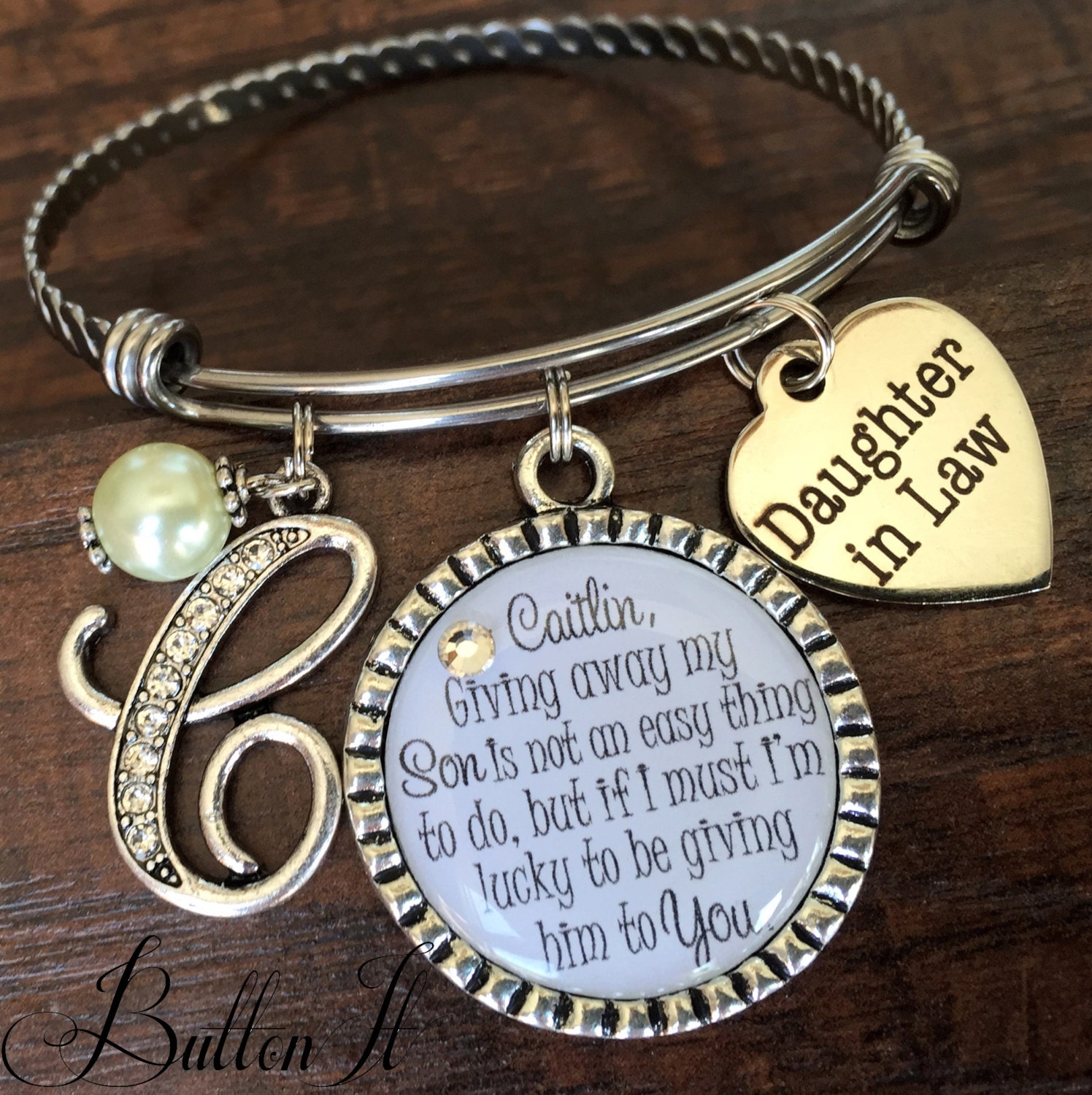 Daughter in law BANGLE bracelet future daughter in law bride heart giving away my son is not an easy thing to do INITIAL jewelry pearl