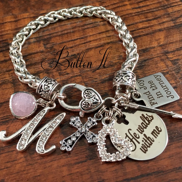 FAITH bracelet, BAPTISM gift, birthday, Best friend gift, Christian jewelry, Gold Bangle, charm bracelet, Inspirational, He walks with me