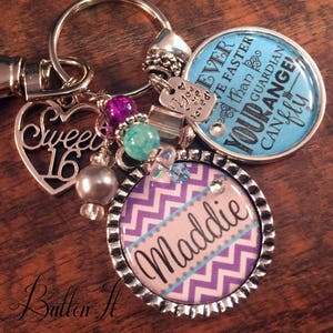 Sweet 16 key chain, Never drive faster than your guardian angel can fly, birthday quote, CHEVRON sweet 16 gift, daughter gift, niece gift image 2