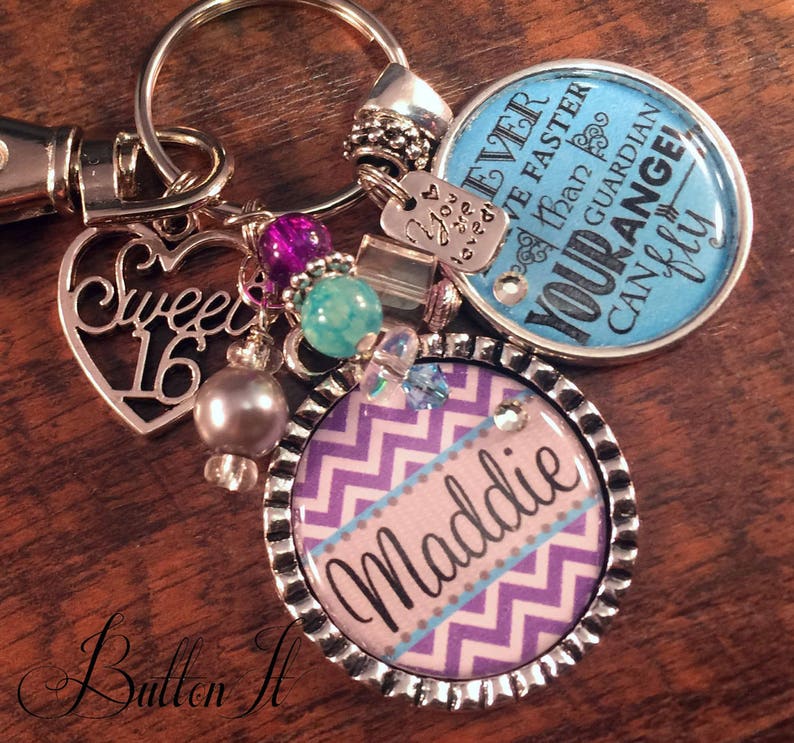 Sweet 16 key chain, Never drive faster than your guardian angel can fly, birthday quote, CHEVRON sweet 16 gift, daughter gift, niece gift image 2