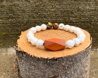 Gift for HER, Beaded bracelet, semiprecious stone bracelet, stackable bracelet, stretch bracelet, tiger's eye, white howlite, Gift for him