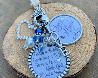 Wedding gift for BRIDE from MOM, bridal bouquet charm, wedding bouquet charm, Today a Bride, Tomorrow a wife Forever, daughter wedding gift