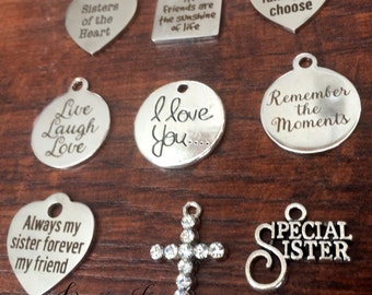 ADD a charm to any Buttonit order - SISTER charm, Inspirational, Friend gift, Live Laugh Love, Remember the Moments, cross, I love you