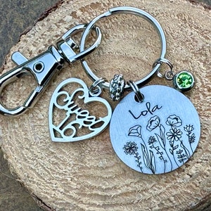 May include: Silver keychain with a heart charm that says "Sweet" and a round charm with the name "Lola" and a floral design. The keychain also has a small green gem.