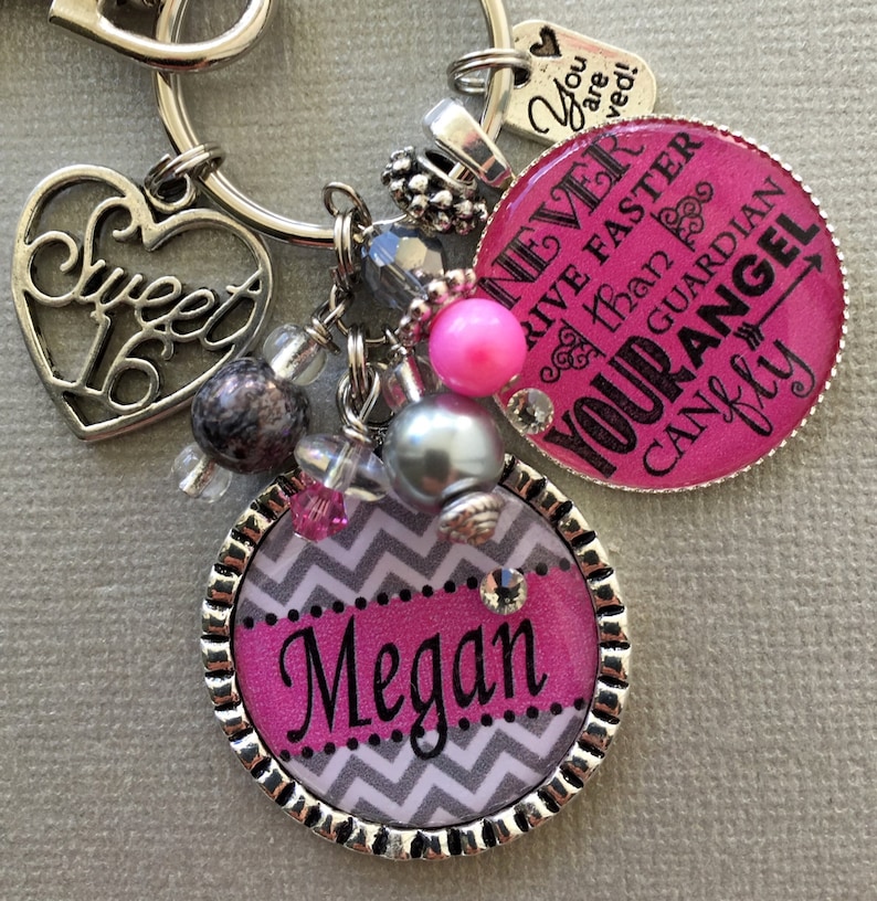 Sweet 16 key chain, Never drive faster than your guardian angel can fly, birthday quote, CHEVRON sweet 16 gift, daughter gift, niece gift image 4