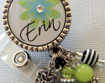 Personalized ID badge reel -RN, LPN Nurse Silver Pendant  - flower, medical symbol, medical office, nurse, nurse practitioner