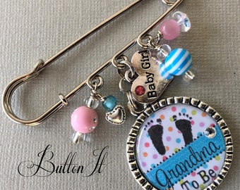 Grandma To Be pin GENDER reveal party, Aunt To Be, Mom TO be pin PERSONALIZED gift Baby Shower pregnancy announcement new grandma footprints