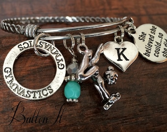 GYMNASTICS, Gymnastics gifts, She believed she could so she did, competition gift, gymnast, BANGLE bracelet, inspirational, initial charm