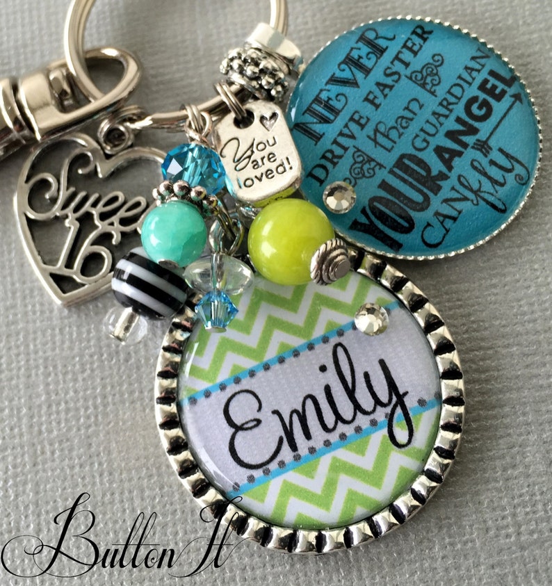 Sweet 16 key chain, Never drive faster than your guardian angel can fly, birthday quote, CHEVRON sweet 16 gift, daughter gift, niece gift image 1