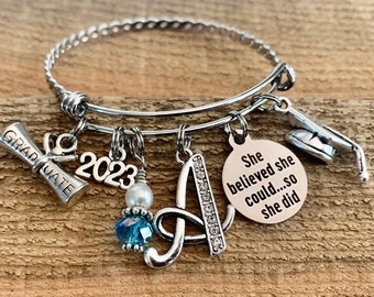 CLASS of 2024, GRADUATION gift, SENIOR 2024, Graduate bracelet, She believed she could so she did, Inspirational gifts, bangle bracelet