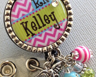 RN Personalized Id Badge Reel nurse, nurse graduate gift ccu, cardiac nurse, LMT, PINK chevron print, Cardiac Rehab.,caduceus, technician