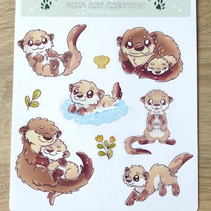 Foglio di simpatici adesivi kawaii lontre, lucidi e brillanti, carta adesiva adesiva
