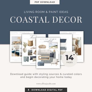 Puede incluir: Una guía de descarga digital con 14 páginas de inspiración para el diseño de una sala de estar costera. La guía incluye paletas de colores, ideas de muebles y sugerencias de decoración para una sala de estar con temática costera.