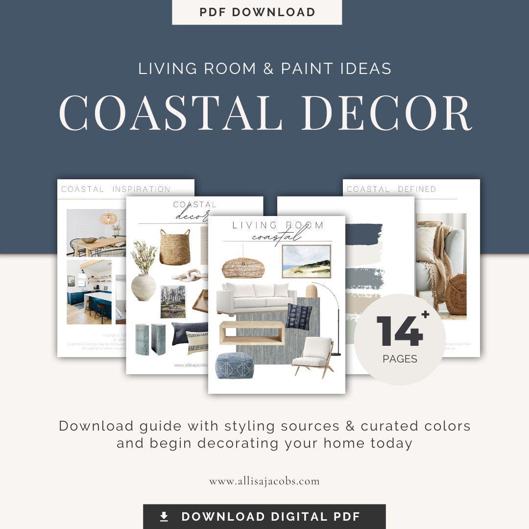 Coastal Home Design, Living Room Interior Design Package, Decorating PDF Download
