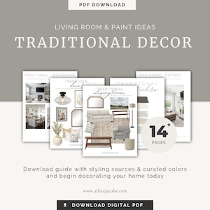 Könnte beinhalten: Ein digitaler Download-Leitfaden für traditionelle Wohnzimmer-Dekoration mit 14 Seiten voller Inspiration, Farbpaletten und Designideen. Der Leitfaden zeigt Bilder eines Wohnzimmers mit Sofa, Sesseln und einem Couchtisch.