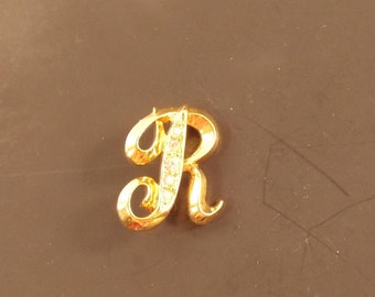 Avon R initial mono pin gold tone w rhinestones 1 1/4" vintage