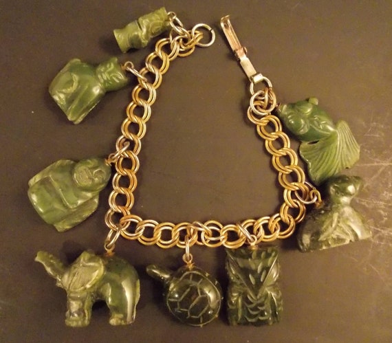 Carved Jade Chunky Bracelet vintage 7 1/2" cat do… - image 1