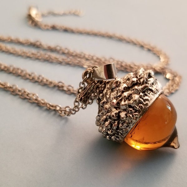 Fall Acorn w honey brown glass & silver tone cap 1 1/2"  long chain 32"