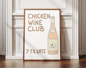 Chicken Wine Club Digital Art Print – Unique Minimalist Decor for Wine Lovers' Walls