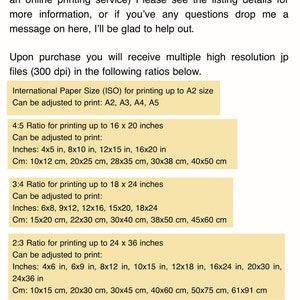 May include: A chart showing different print sizes and ratios for digital downloads of art. The chart includes measurements in inches and centimeters. The text states that the files are 300 dpi and can be printed up to A2 size.