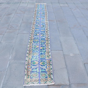 Vintage Turkish Runner Rug, Blue and Green Floral Pattern, Handmade 1x11ft Rug, Elegant Hallway Decor, Unique Home Accent