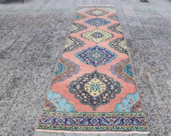 Alfombra turca vintage, alfombra Oushak de 1 x 3,87 m, alfombra oriental roja y azul.