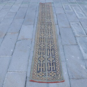 Vintage Turkish Runner Rug, Geometric Pattern, 2x11ft, Muted Colors, Authentic Design