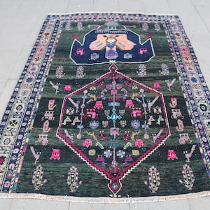 5x7 ft Area Rug, Vintage Turkish Carpet, Green Tribal Rug, Kurdish Design, 148x208cm Boho Decor Rug, Living Room Rug, Handmade Turkish Rug